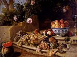 Alexandre-Francois Desportes Still Life Of Grapes, Peaches In A Blue And White Porcelain Bowl And A Melon, Resting On A Stone Stairway painting
